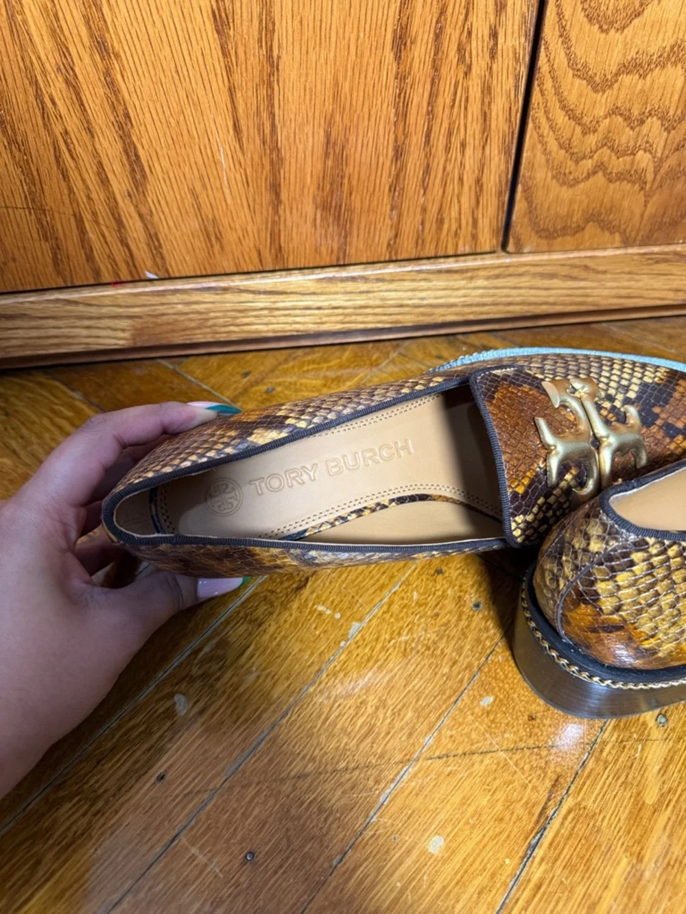 Tory Burch Brown & Tan Snakeskin-Print Leather Loafers with Gold Logo